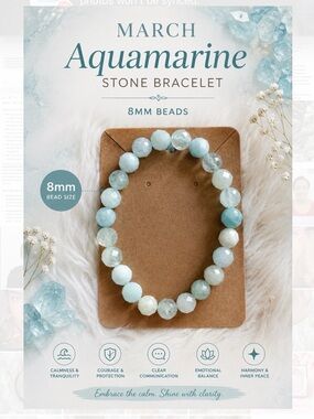 Aquamarine Stone Bracelet - Light Blue March Birthstone